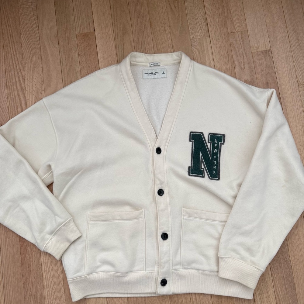 Oversized Abercrombie & Fitch Cream Cardigan with Dark Green 'N' Patch